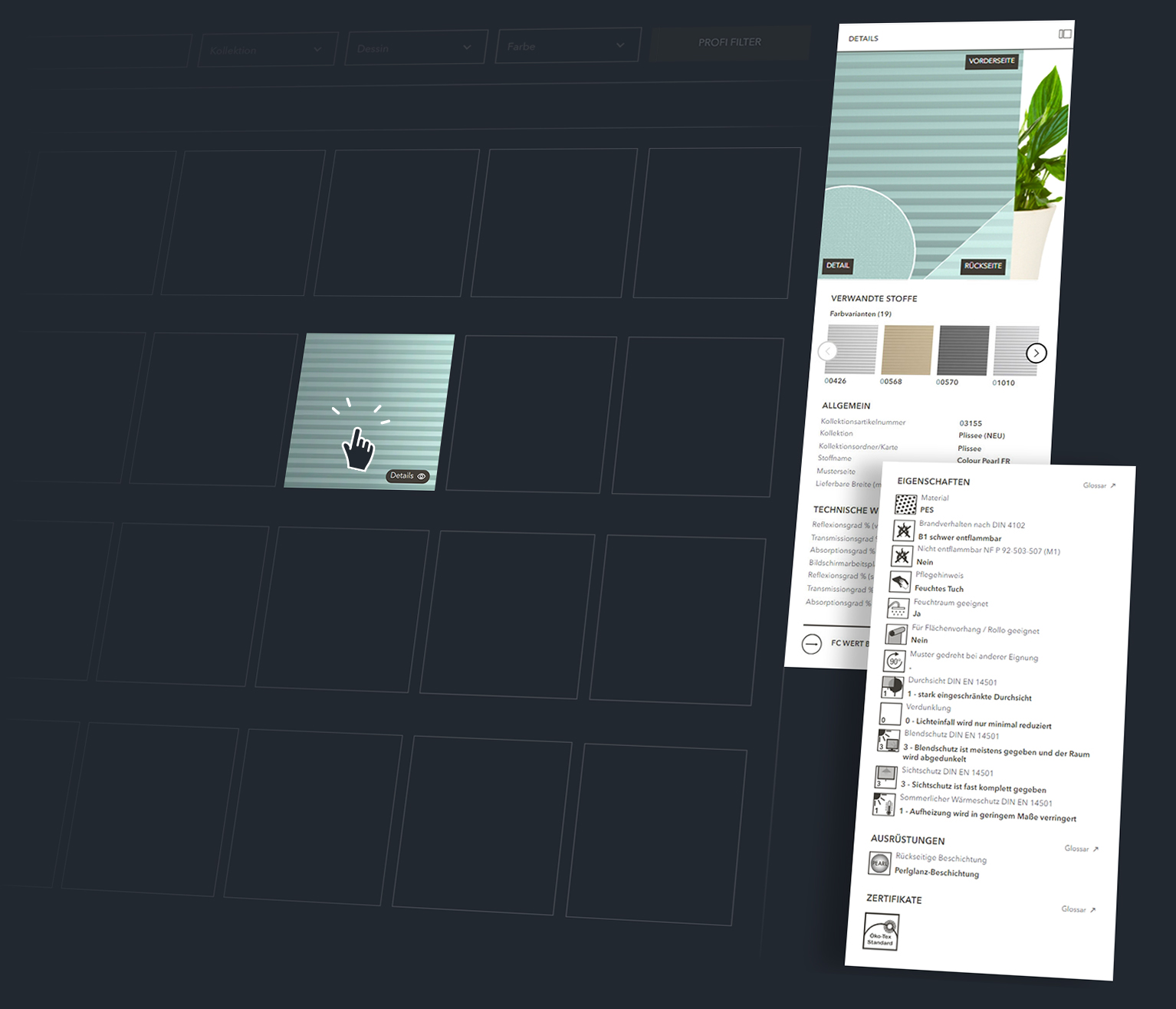 stoffkatalog webgl detailseite produktspezifische informationen kadeco