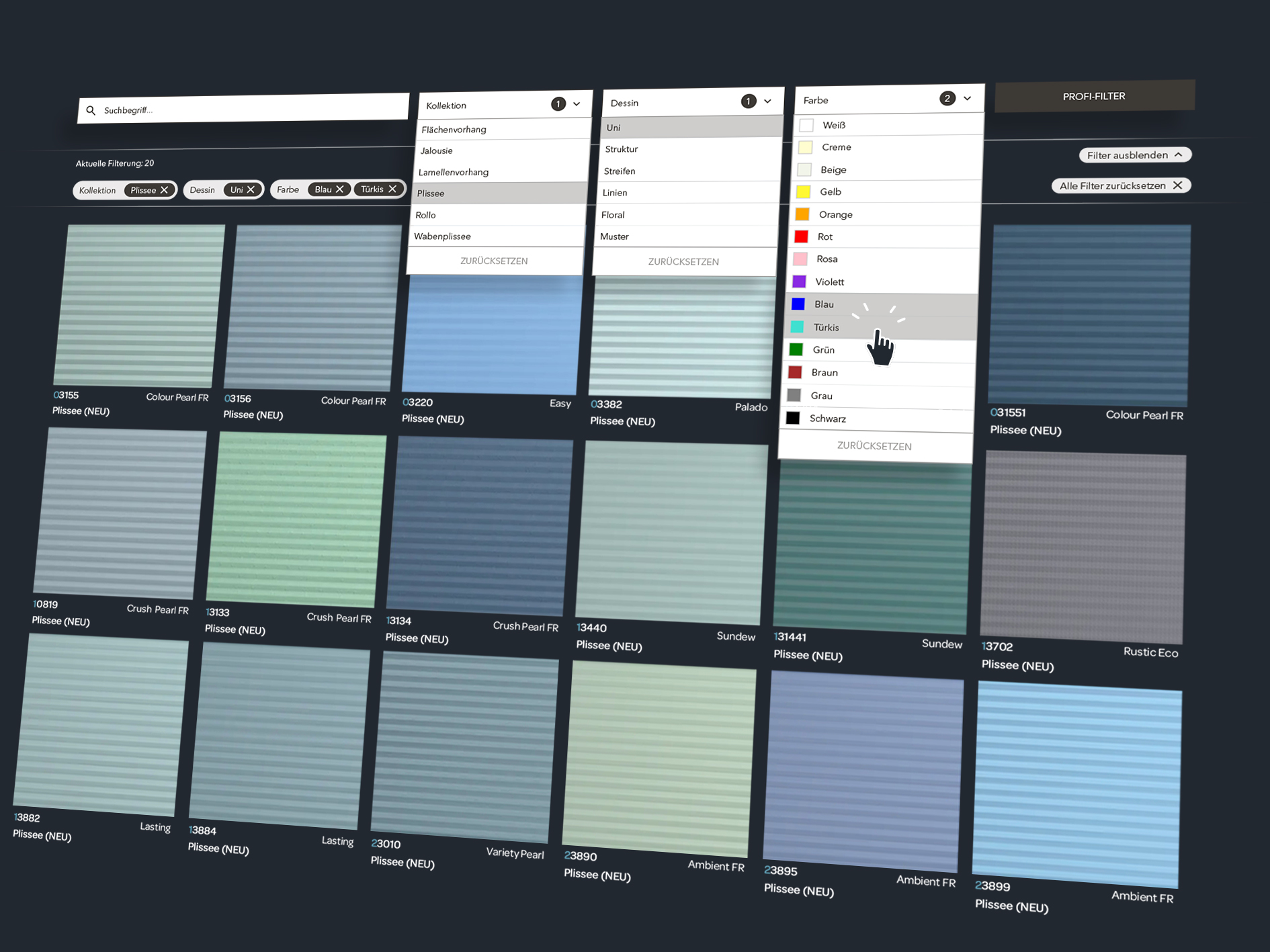 stoffkatalog webgl user interface filter farbauswahl kadeco