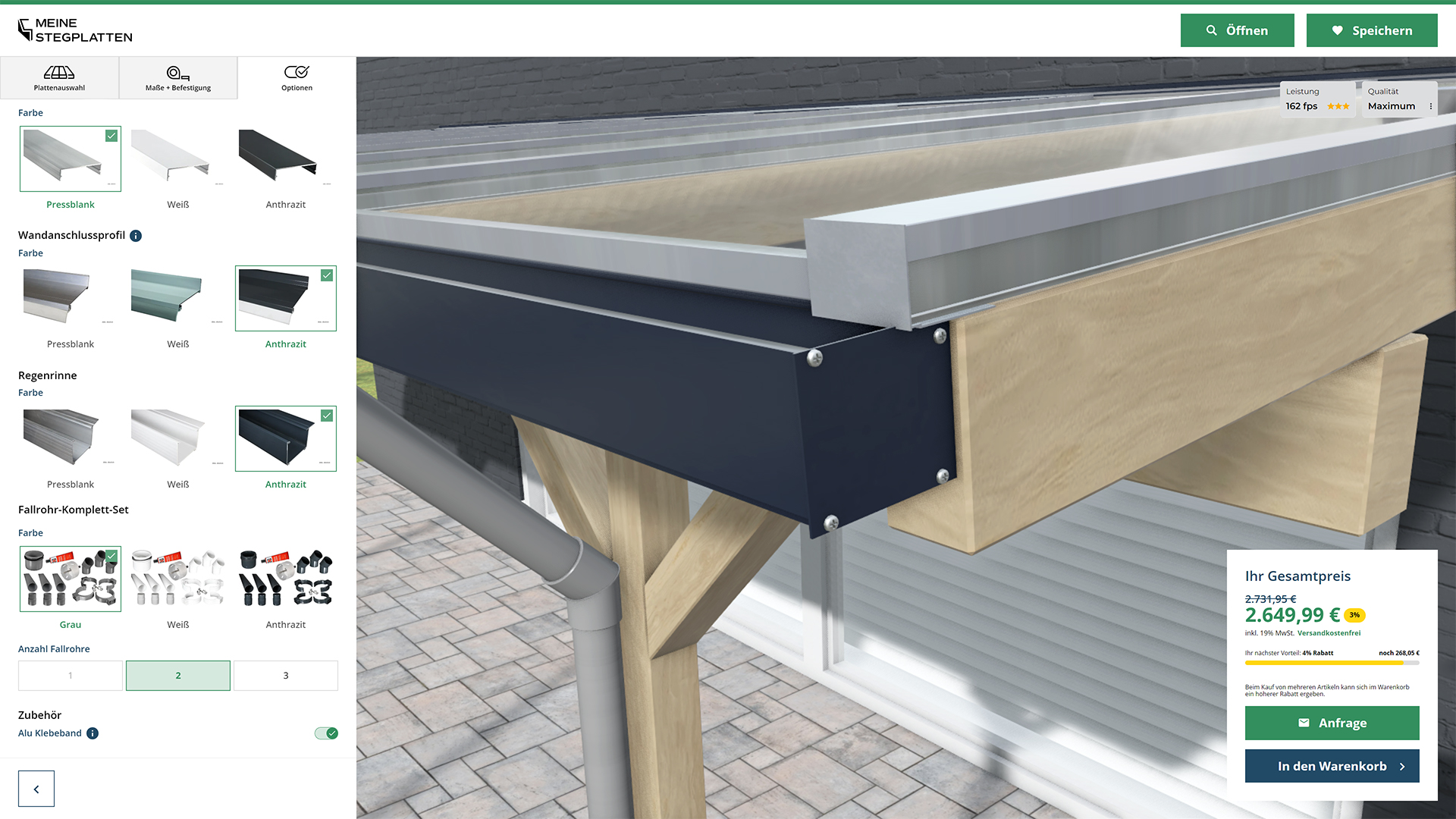 konfigurator webgl slider closeup regenrinne meine stegplatten