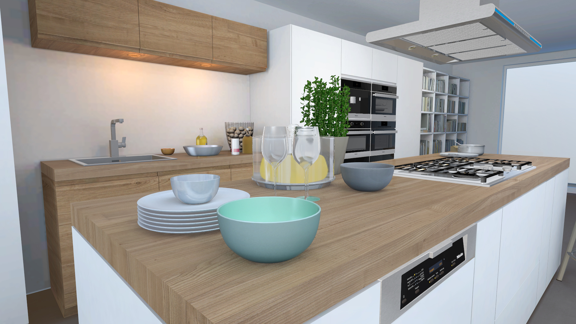 miele configurator visualization of wooden countertop with dishes