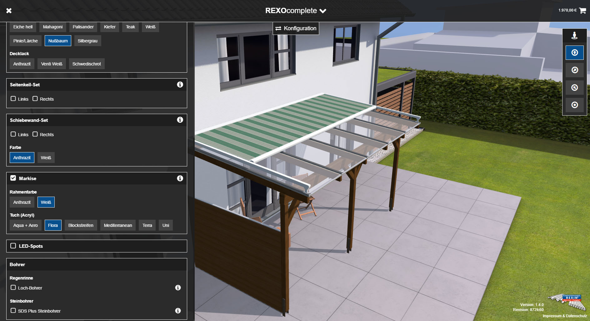 rexin webgl konfigurator konfiguration mit markise gruen